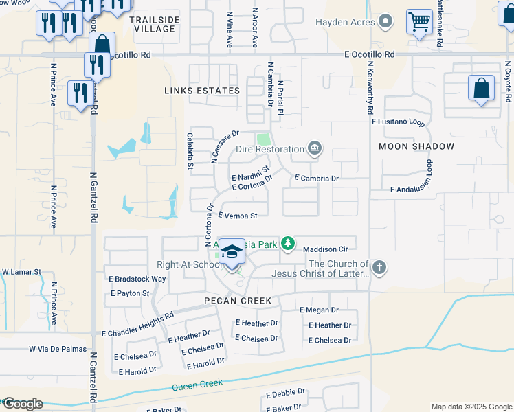 map of restaurants, bars, coffee shops, grocery stores, and more near 1111 East Santa Fiore Street in Queen Creek