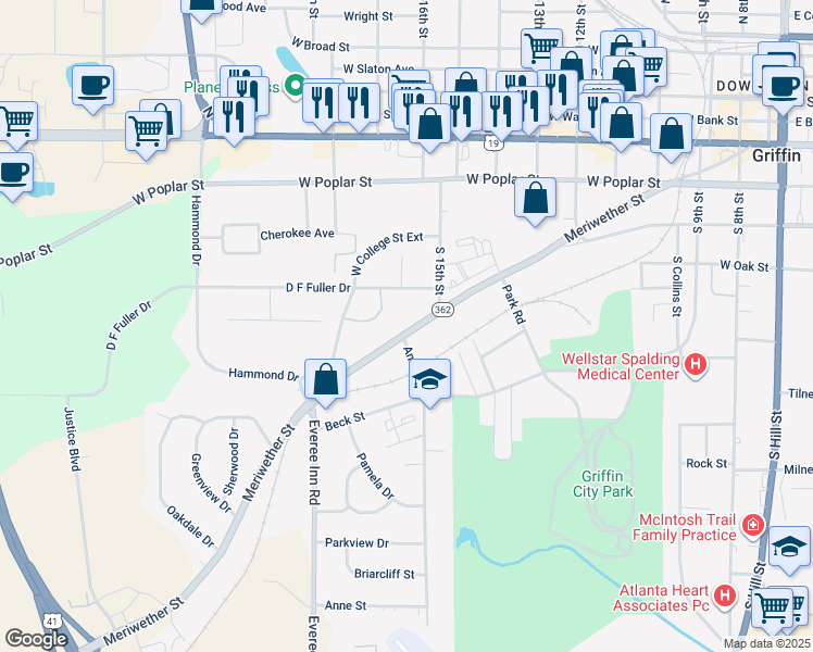 map of restaurants, bars, coffee shops, grocery stores, and more near 1001 Meriwether Street in Griffin
