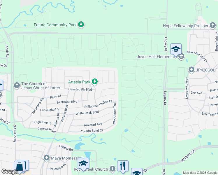 map of restaurants, bars, coffee shops, grocery stores, and more near 16716 Central Garden Lane in Prosper