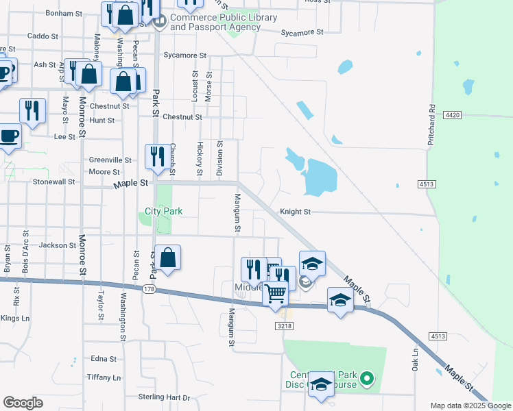 map of restaurants, bars, coffee shops, grocery stores, and more near 511 Maple Street in Commerce