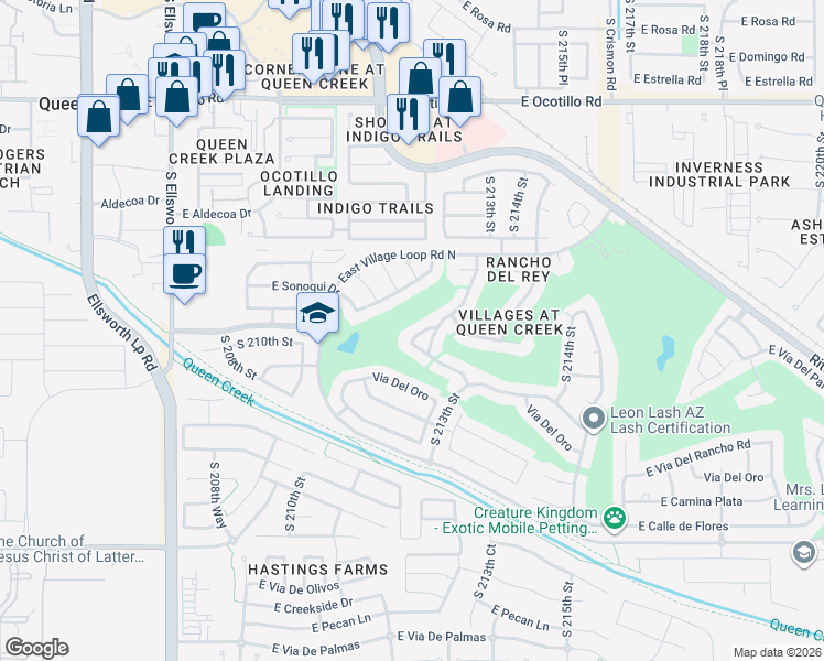 map of restaurants, bars, coffee shops, grocery stores, and more near 22802 South Legends Road in Queen Creek