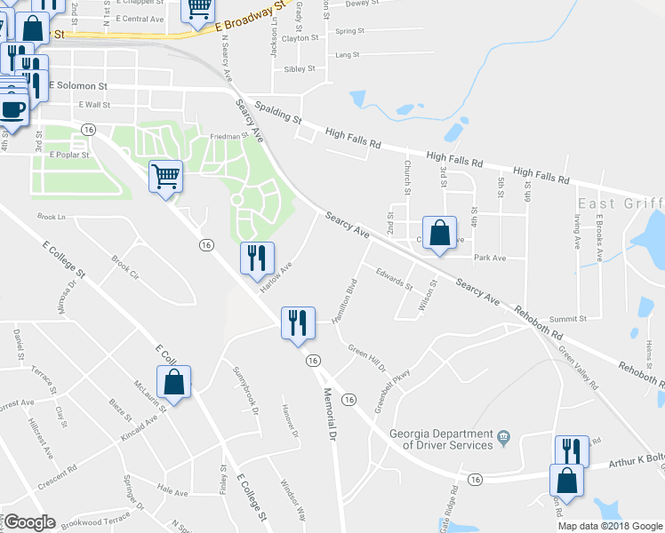 map of restaurants, bars, coffee shops, grocery stores, and more near 931 Hamilton Boulevard in Griffin