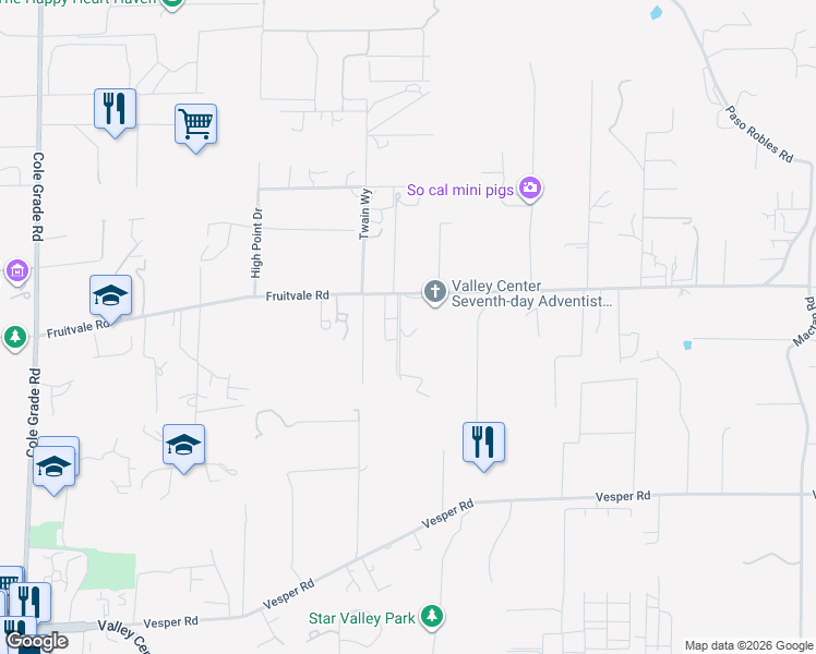 map of restaurants, bars, coffee shops, grocery stores, and more near 14849 Fruitvale Road in Valley Center