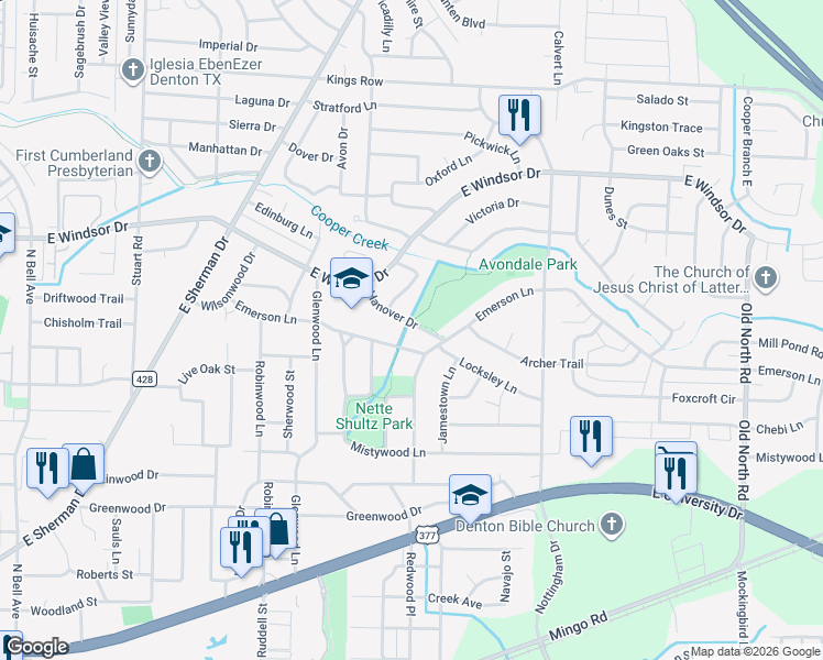 map of restaurants, bars, coffee shops, grocery stores, and more near 1700 Hanover Drive in Denton