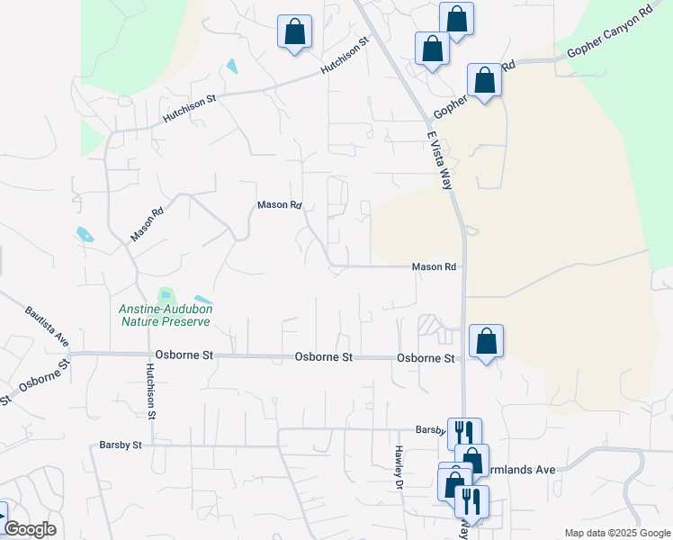 map of restaurants, bars, coffee shops, grocery stores, and more near 831 Mason Road in Vista