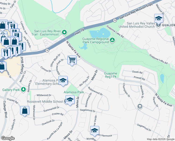 map of restaurants, bars, coffee shops, grocery stores, and more near 5298 Rio Plata Drive in Oceanside