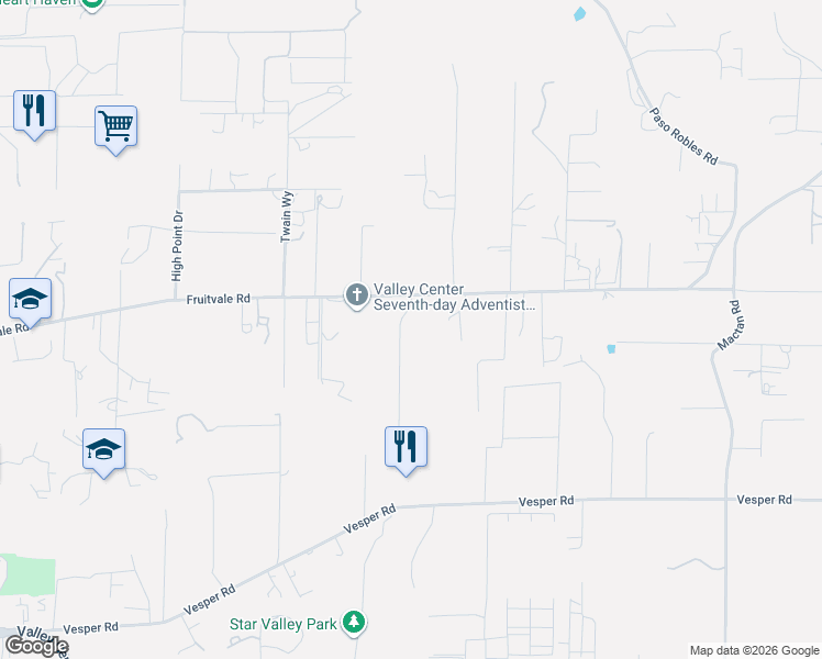 map of restaurants, bars, coffee shops, grocery stores, and more near 29075 Fruitvale Lane in Valley Center