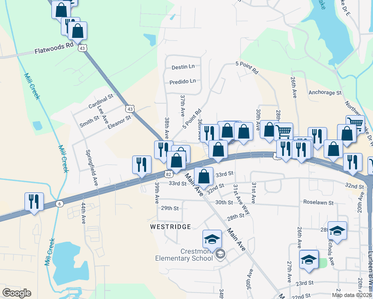 map of restaurants, bars, coffee shops, grocery stores, and more near 3621 36th Street in Northport