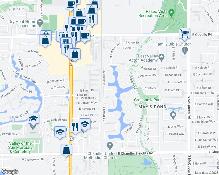 map of restaurants, bars, coffee shops, grocery stores, and more near 426 East Tonto Place in Chandler