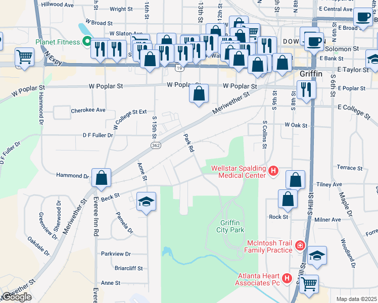 map of restaurants, bars, coffee shops, grocery stores, and more near 703 Pimento Avenue in Griffin