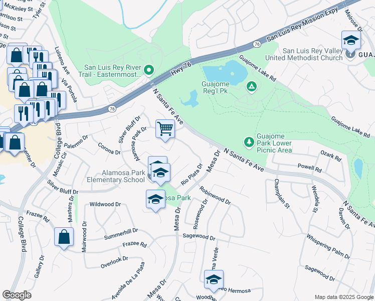 map of restaurants, bars, coffee shops, grocery stores, and more near 5283 Rio Plata Drive in Oceanside