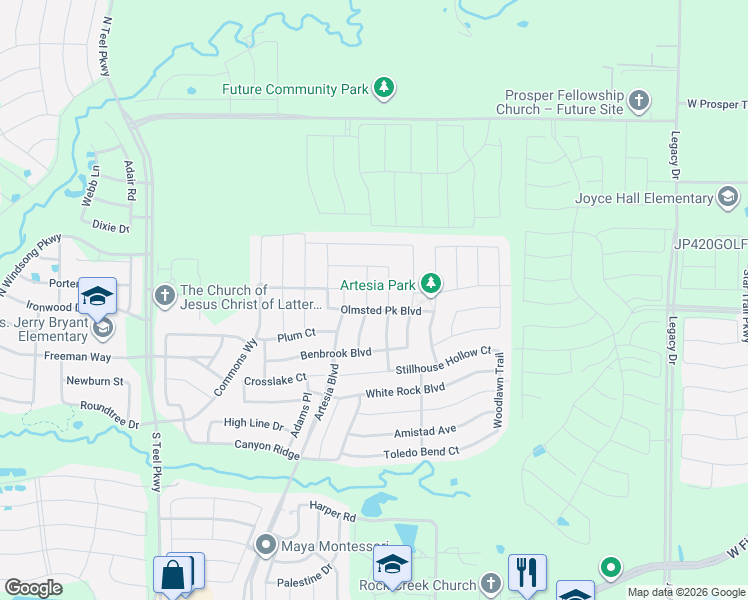 map of restaurants, bars, coffee shops, grocery stores, and more near 2108 Georgetown Boulevard in Prosper