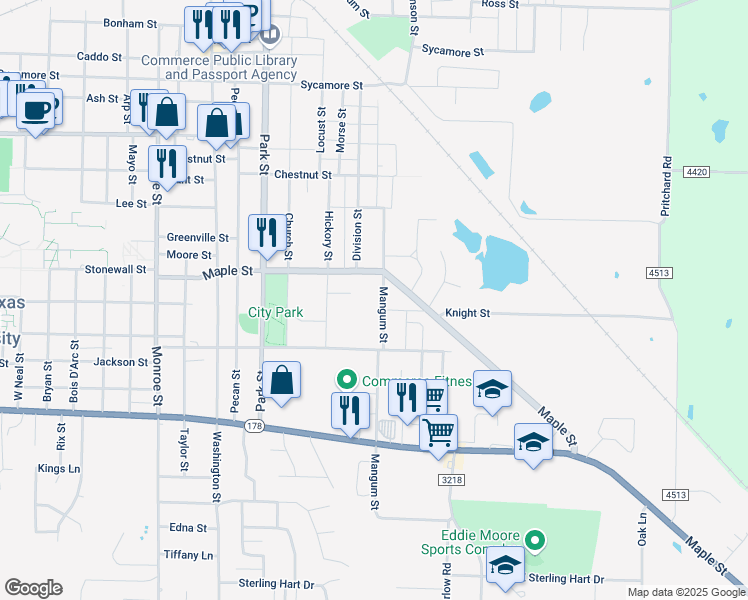 map of restaurants, bars, coffee shops, grocery stores, and more near 2113 Mangum Street in Commerce