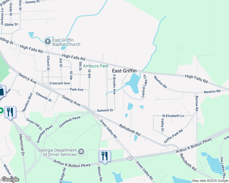 map of restaurants, bars, coffee shops, grocery stores, and more near 404 East Brooks Avenue in Griffin