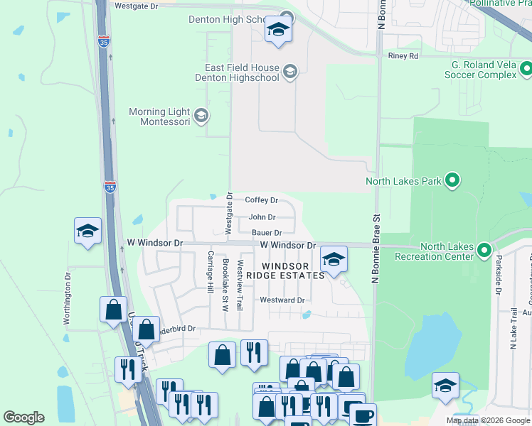map of restaurants, bars, coffee shops, grocery stores, and more near 2517 Coffey Drive in Denton