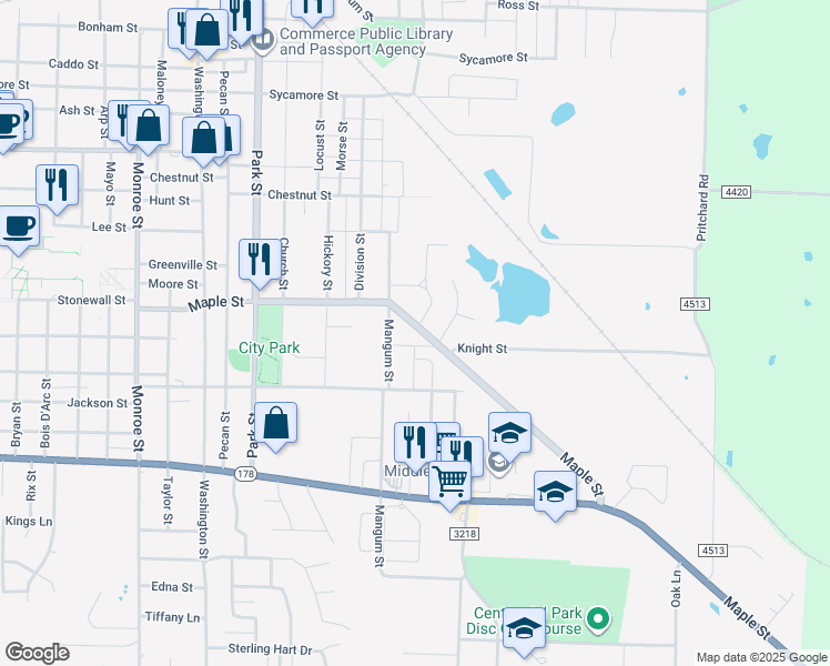 map of restaurants, bars, coffee shops, grocery stores, and more near 511 Maple Street in Commerce