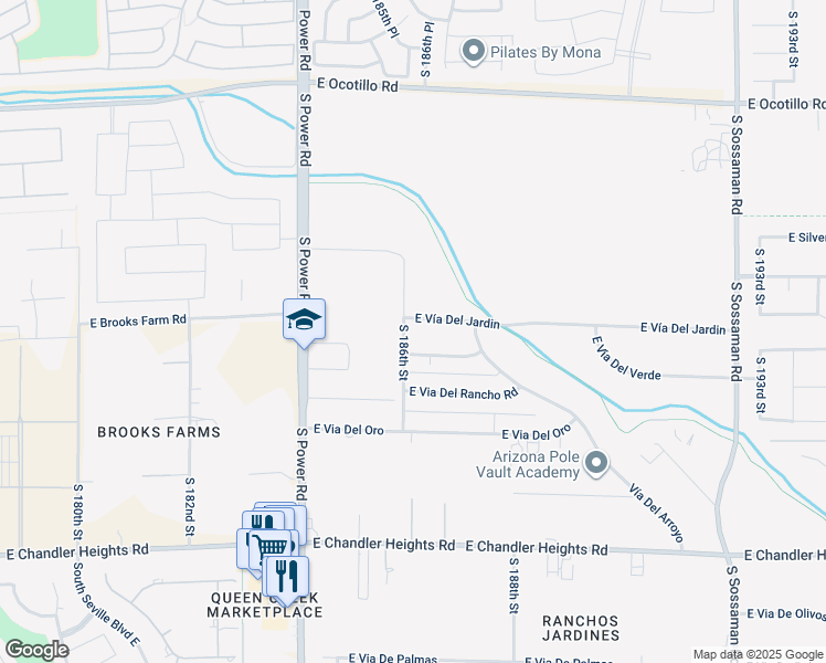 map of restaurants, bars, coffee shops, grocery stores, and more near 18625 East Vía Del Jardin in Queen Creek