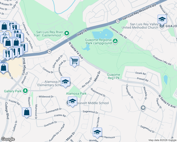 map of restaurants, bars, coffee shops, grocery stores, and more near 5302 Rio Plata Drive in Oceanside