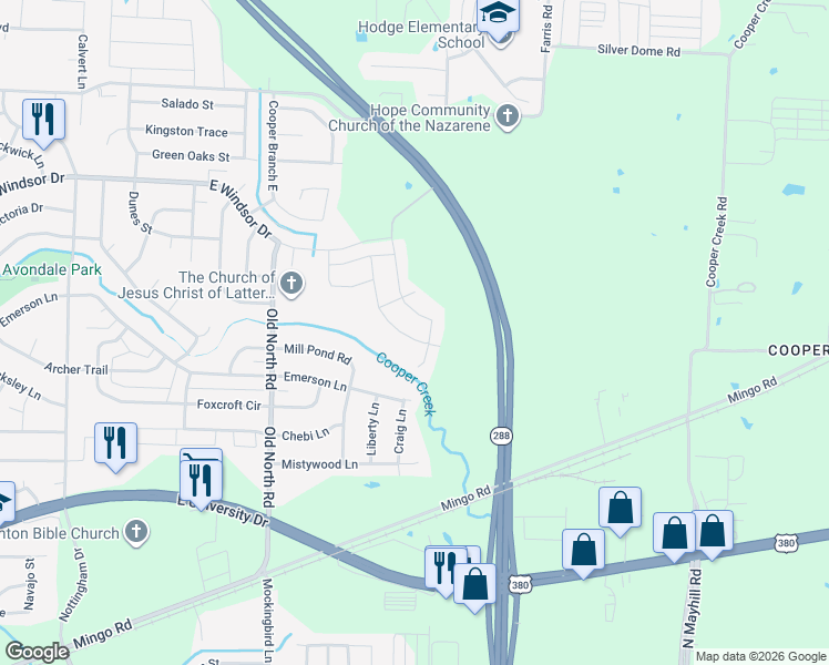 map of restaurants, bars, coffee shops, grocery stores, and more near 2816 Megan Street in Denton
