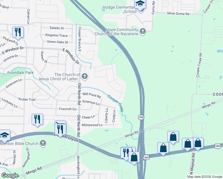map of restaurants, bars, coffee shops, grocery stores, and more near 2816 Megan Street in Denton