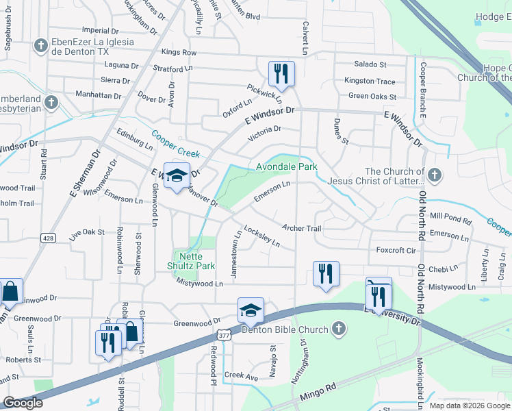 map of restaurants, bars, coffee shops, grocery stores, and more near 107 Alan A Dale Circle in Denton