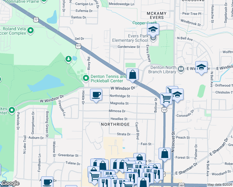 map of restaurants, bars, coffee shops, grocery stores, and more near 524 Northridge Street in Denton