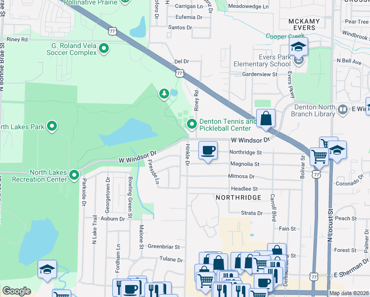 map of restaurants, bars, coffee shops, grocery stores, and more near 720 Northridge Street in Denton