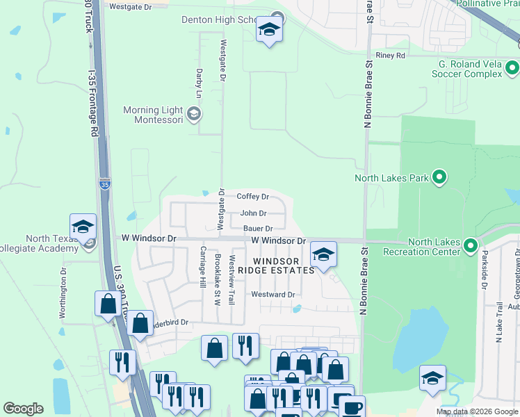 map of restaurants, bars, coffee shops, grocery stores, and more near 2517 Coffey Drive in Denton