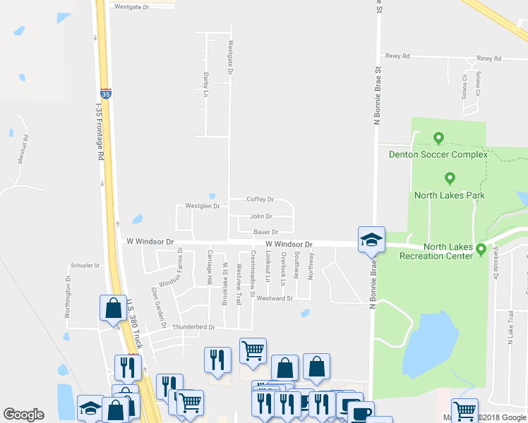 map of restaurants, bars, coffee shops, grocery stores, and more near 2517 Coffey Drive in Denton