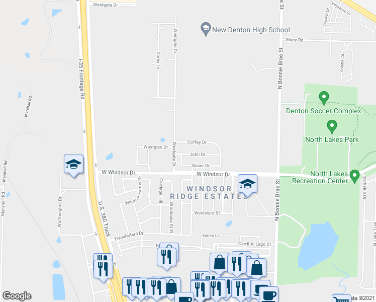 map of restaurants, bars, coffee shops, grocery stores, and more near 2616 John Drive in Denton