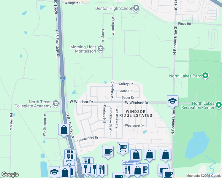 map of restaurants, bars, coffee shops, grocery stores, and more near 2705 Westglen Drive in Denton