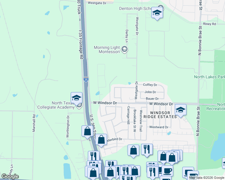 map of restaurants, bars, coffee shops, grocery stores, and more near 2729 Claydon Drive in Denton