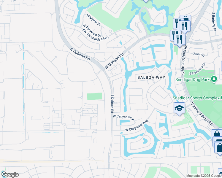 map of restaurants, bars, coffee shops, grocery stores, and more near 4500 South Dobson Road in Chandler