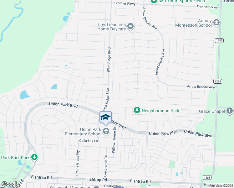 map of restaurants, bars, coffee shops, grocery stores, and more near Bryan Road in Aubrey