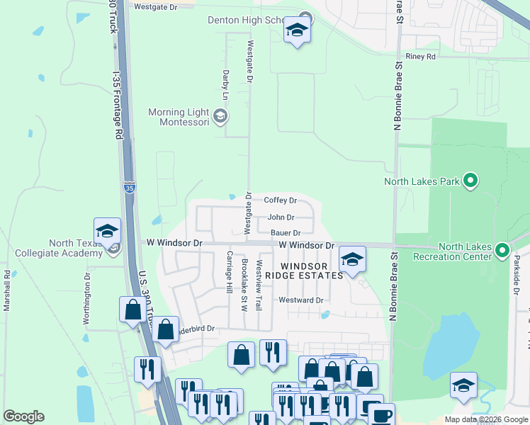 map of restaurants, bars, coffee shops, grocery stores, and more near 2616 John Drive in Denton
