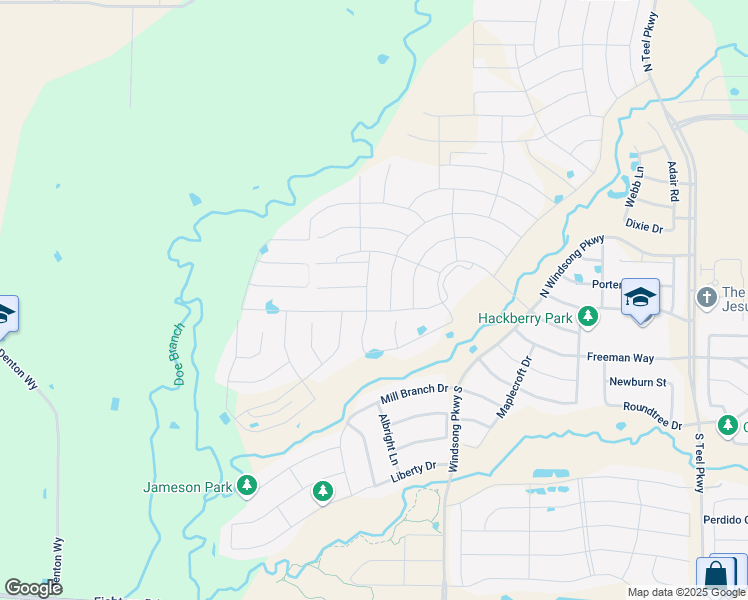 map of restaurants, bars, coffee shops, grocery stores, and more near Windsong Parkway South in Prosper
