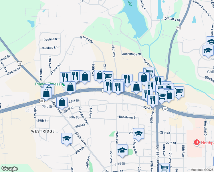 map of restaurants, bars, coffee shops, grocery stores, and more near 2800 McFarland Boulevard in Northport