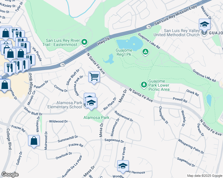 map of restaurants, bars, coffee shops, grocery stores, and more near 5298 Rio Plata Drive in Oceanside