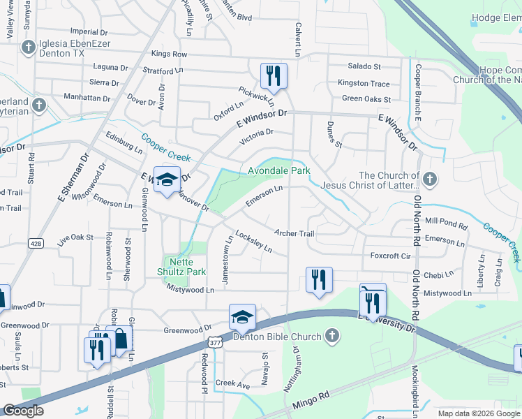 map of restaurants, bars, coffee shops, grocery stores, and more near 107 Alan A Dale Circle in Denton
