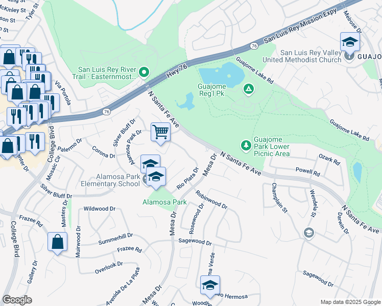 map of restaurants, bars, coffee shops, grocery stores, and more near 5298 Rio Plata Drive in Oceanside