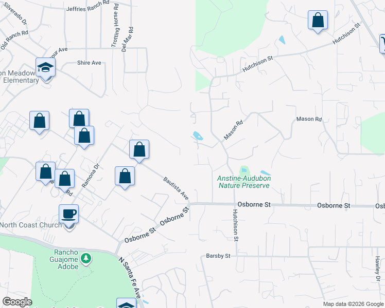 map of restaurants, bars, coffee shops, grocery stores, and more near 2563 Pruett Drive in Vista
