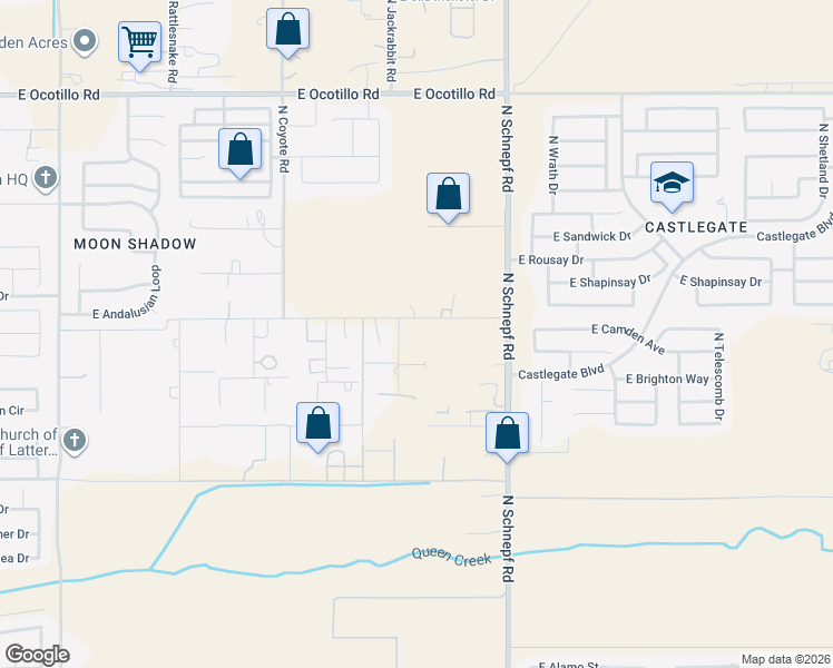 map of restaurants, bars, coffee shops, grocery stores, and more near 39899 North Creekside Road in Queen Creek