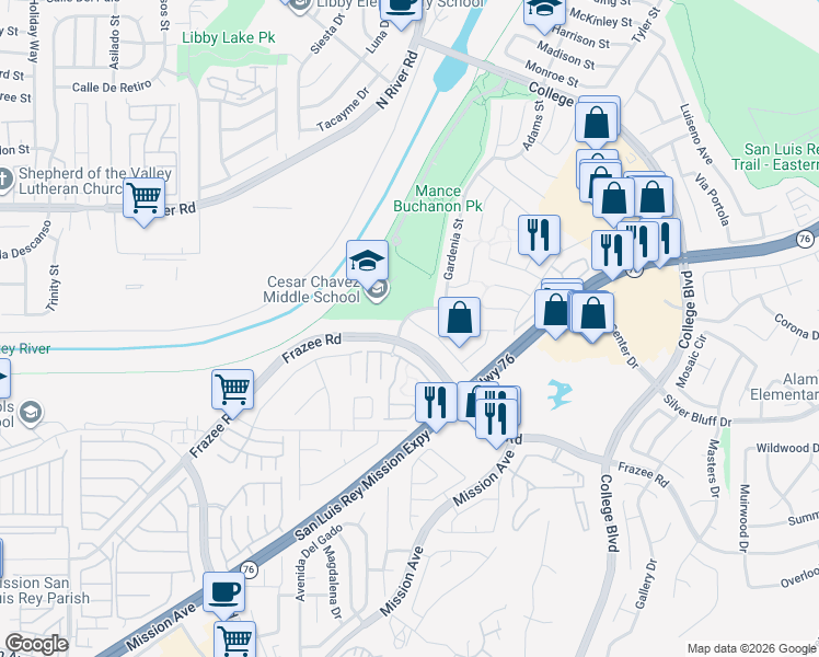 map of restaurants, bars, coffee shops, grocery stores, and more near 226 Carissa Drive in Oceanside