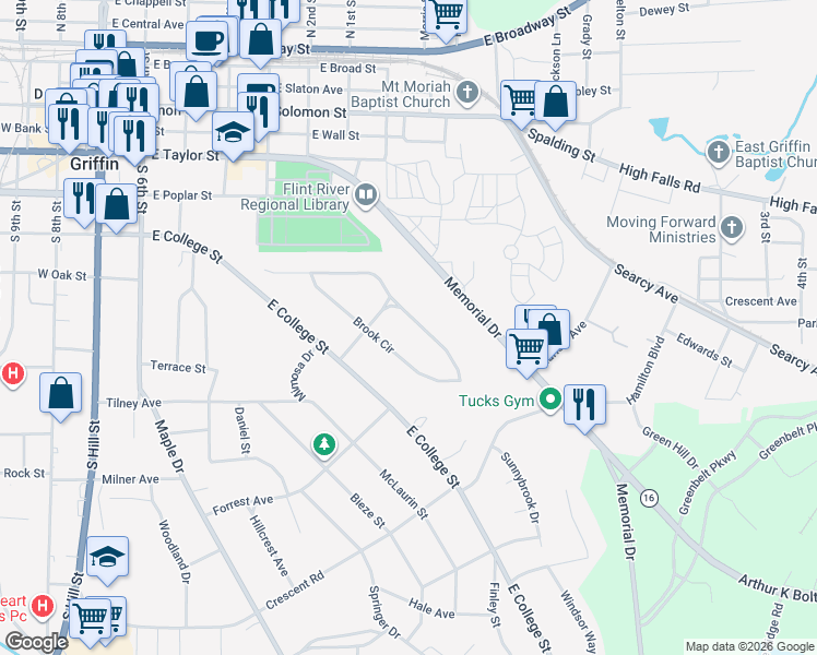 map of restaurants, bars, coffee shops, grocery stores, and more near 683 Brook Circle in Griffin