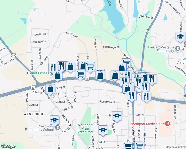 map of restaurants, bars, coffee shops, grocery stores, and more near 2608 McFarland Boulevard in Northport