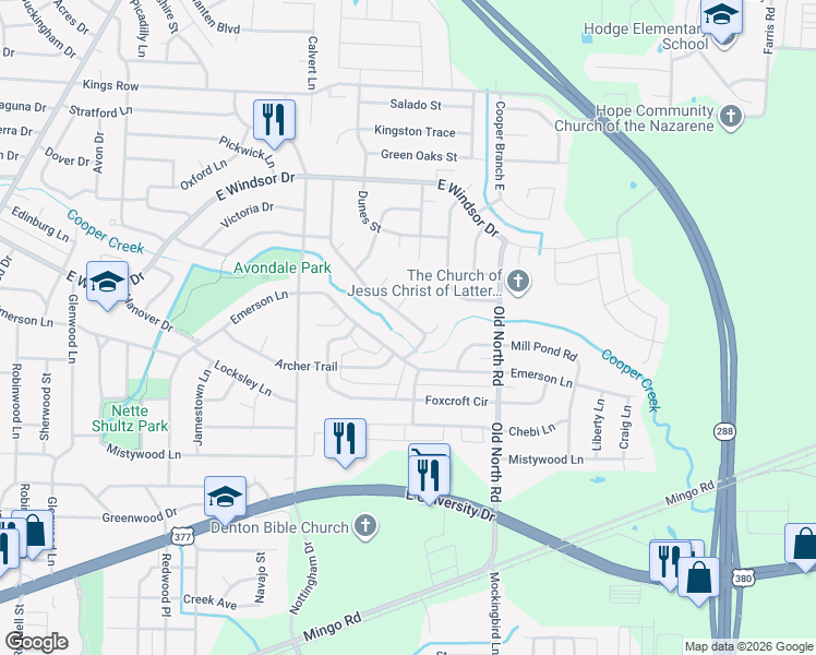 map of restaurants, bars, coffee shops, grocery stores, and more near 2220 Burning Tree Lane in Denton