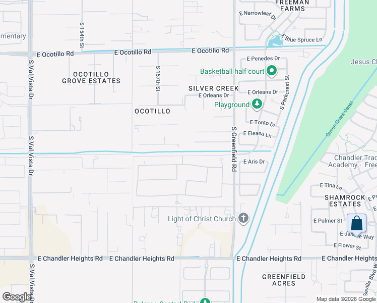 map of restaurants, bars, coffee shops, grocery stores, and more near 2171 East Avenida Del Valle Court in Gilbert