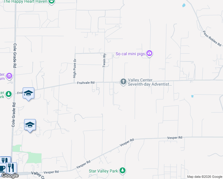 map of restaurants, bars, coffee shops, grocery stores, and more near 14849 Fruitvale Road in Valley Center