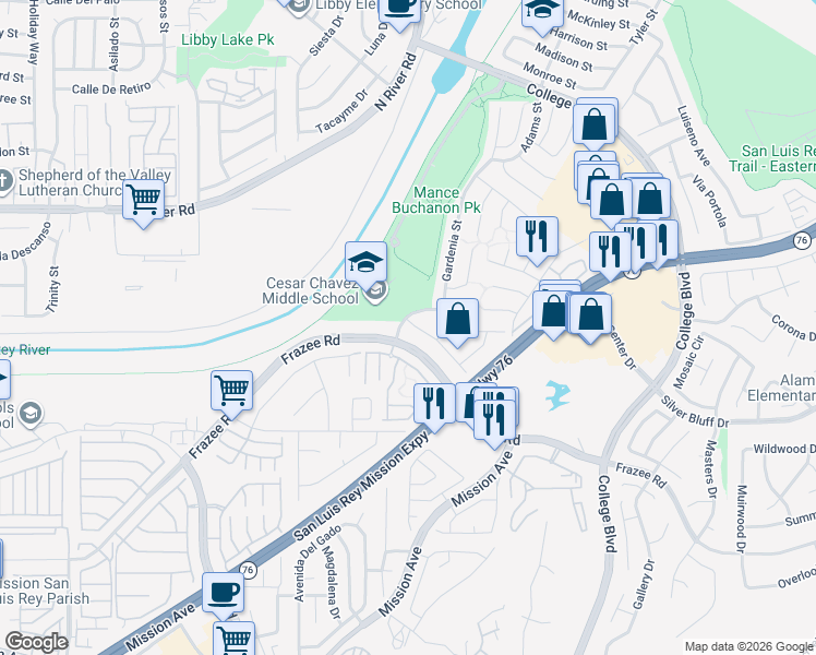 map of restaurants, bars, coffee shops, grocery stores, and more near 226 Carissa Drive in Oceanside