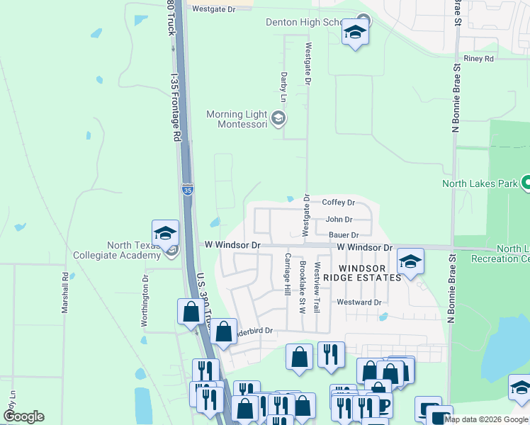 map of restaurants, bars, coffee shops, grocery stores, and more near 2731 Clarendon Drive in Denton